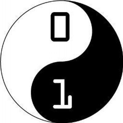 Programmierwerkstatt ein Ying- und Yang-Zeichen mit einer 0 in der weißen Hälfte und einer eins in der schwarzen Hälfte einer