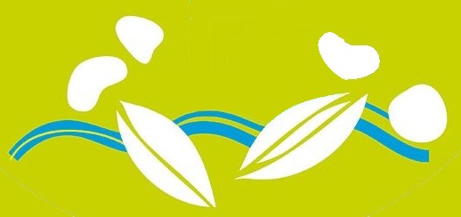 Das Logo der Saatgut-Tauschbäörse Keimreich: auf grünem Hintergrund sind eine blaue Doppelwellemit weißem Saatgut und Bohnen.  und Saatgut zu sehen