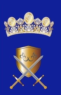 Aktionstage in der Kinderbibliothek eine goldene Krone und ein goldenes Schild mit gekreuzten Schwertern auf blauem Hintergrund