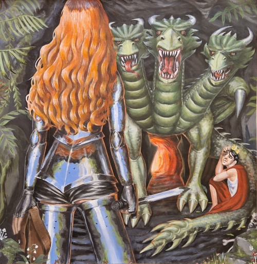 Eine Ritterin mit roten Haaren steht vor einem dreiköpfigen Drachen