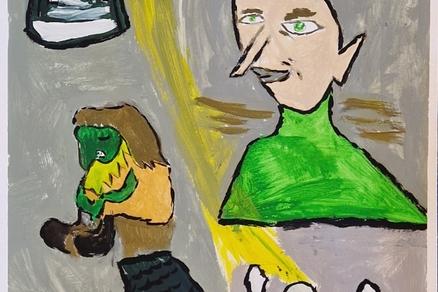 eine grüne Sumpfhexe mit 3 Prinzen und einem Troll in einer Höhle