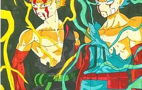 Das Bild zeigt im Mangastil zwei wütende junge Männer, die von blauen und gelben Blitzen umgeben sind.