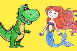 Kinderzeichnung eines Dinosauriers und einer Nixe