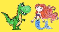 Kinderzeichnung eines Dinosauriers und einer Nixe