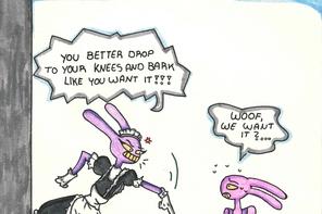 ein Cartoon mikt zwei violetten Hasen