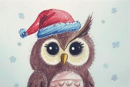 eine gezeichnete Eule mit einer Weihnachtsmütze