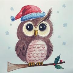 eine gezeichnete Eule mit einer Weihnachtsmütze