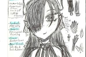 eine Bleistiftzeichnung im Mangastyle: Ein Mädchen mit Fließtext, der es charakterisiert, im Hintergrund.