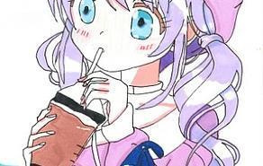 Ein violettes Mangabild eines Mädchens mit blauen Augen, das aus einem Becher trinkt