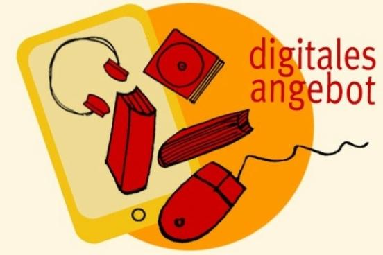 Das Logo für die digitalen Angebiote der Bibliothek CDs, Maus, Handy