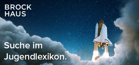 Ein Werbefoto für das Lexikon Brockhaus: Ein Spaceshuttle startet in den Nachthimmel. Daneben steht : Suche im Jugendlexikonachthimml