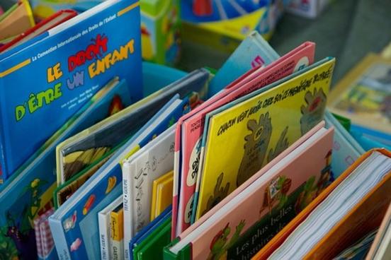 mehrere Kinderbücher in einer Kiste