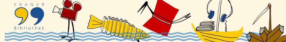 Banner mit dem Logo der Bibliothek und Karrikaturen