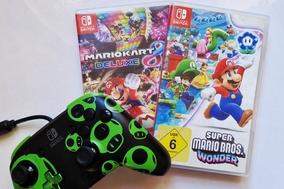 Zwei Mario Nintendo Switch Spiele neben einem Switch-Controller