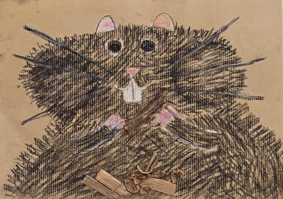 Ein Hamster ( Wachsmalstifte auf Packpapier mit Nussschalen)