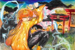 ein japanischer Krieger im goldenen Mantel schwingt ein Schwert