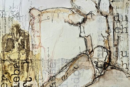 ein Werk von Bettina Engel: ein Bild schemnhaften Figuren und Text