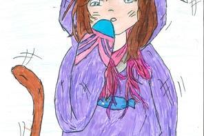 Mangazeichnung eines Mädchens in einem lila Anzug