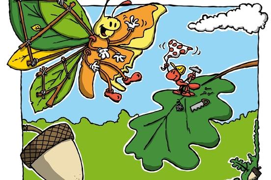 Eine Illustration: ein Schmetterling mit einem Blätterflügel und einer Holzkonstruktion sowie einer Ameise
