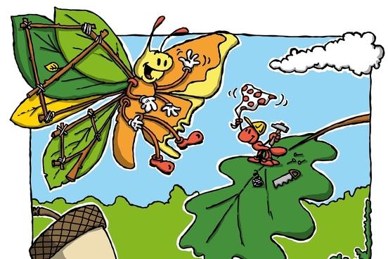 Eine Illustration: ein Schmetterling mit einem Blätterflügel und einer Holzkonstruktion sowie einer Ameise
