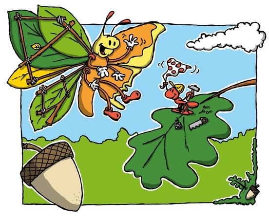 Eine Illustration: ein Schmetterling mit einem Blätterflügel und einer Holzkonstruktion sowie einer Ameise