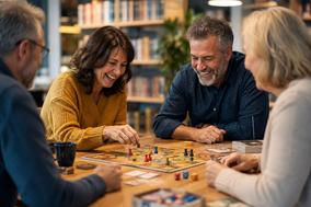 Vier Erwachsene sitzen am Tisch und spielen ein Brettspiel