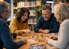 Vier Erwachsene sitzen am Tisch und spielen ein Brettspiel