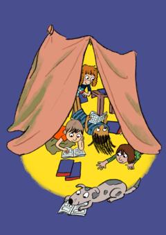 Ein Zelt mit lesenden Kindern