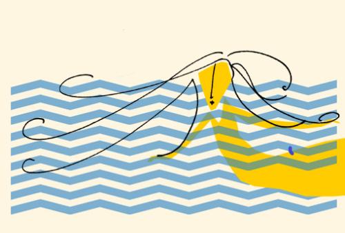 auf beigem Hintergrund ist eine gelbe Frau mit langen schwarzen Haaren gezeichnet. Sie badet in blauen Wellen.