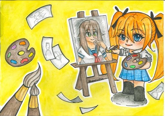 ein Bild im Manga-Stil: ein rothaariges Mädchen malt ein Bild.