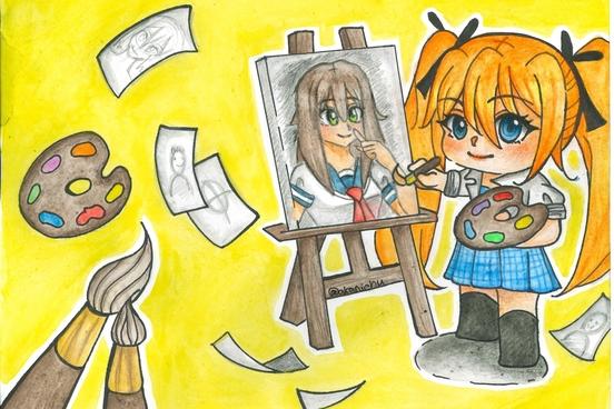 ein Bild im Manga-Stil: ein rothaariges Mädchen malt ein Bild.
