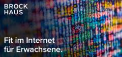 Auf einem Werbebild für Braockhaus sind bunte Programmiercodes. Daneben steht in weiß Brockhaus, Fit im Internet für Erwachsene
