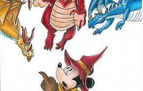 Eine bunte Comiczeichnung zeigt Mickey-Mouse im Zaubererkostüm, der von 3 Drachen angegegriffen wird.