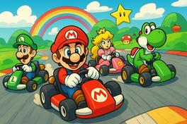Das Werbebild für das Mario-Kart-Turnier. 4 Figuren in Autoscooterwagen.