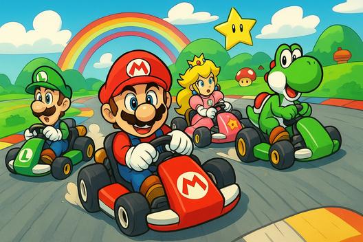Das Werbebild für das Mario-Kart-Turnier. 4 Figuren in Autoscooterwagen.