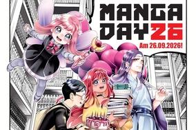 Eine Gruppe von Manga Charakteren stehen vor einem Bücherregal