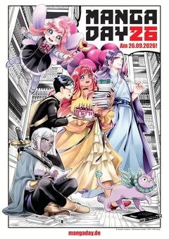 Eine Gruppe von Manga Charakteren stehen vor einem Bücherregal