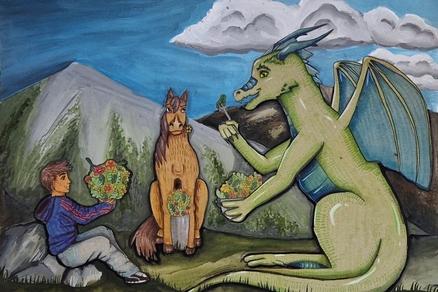 ein Drache, ein junger Mann und ein Drache sitzen beieinander.