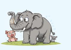 Kleine Elefant mit Verband am Rüssel, neben ihm sitzt ein Schwein