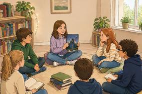 Kinder sitzen im Kreis auf dem Boden und haben Bücher vor sich liegen.