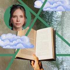 Das Werbefoto für die Veranstaltung Literatur im Grünen, mit dem PÜortrait der Lesenden und einem Buch