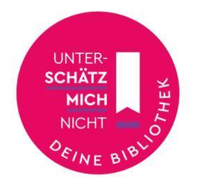 eine magentafarbene Scheibe mit der weißen Schrift: Unterschätzmichnicht , deine Bibliothek