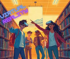 Vier Jugendliche stehen zwischen Bücherregalen und tragen VR-Brillen.