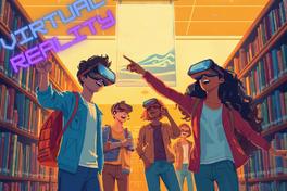 Vier Jugendliche stehen zwischen Bücherregalen und tragen VR-Brillen.