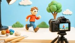 männliche Knetfigur steht vor Fotokamera im Hintergrund ist ein Baum zusehen