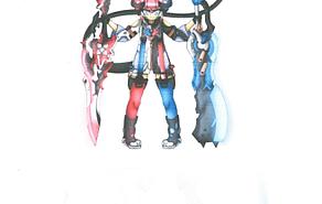Auf einer rot-blau-schwarzen Mangazeichnung ist eine Teufelin zu sehen , die ein beiden Händen Waffen hält, die  großen Streitäxten gleichen.