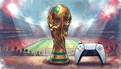 Ein Fußballpokal und ein Controller, im Hintergrund ein Fußballstadion