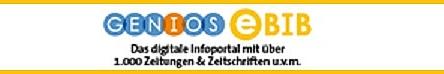 Schriftlogo GENIOS mit den einzelnen Buchstaben in blauen Kreisen und "eBIB" in gelben Kreisen, Unterschrift: das digitale Informationsportal mit über 1000 Zeitungen und Zeitschriften uvm."