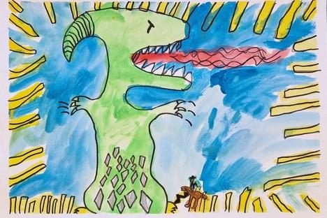 eine Kinderzeichnung: Der Kampf zwischen Mensch und Drache