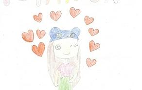 eine bunte Bleistiftzeichnung eines Mädchens, umgeben von roten Herzen von Herzen umgehen 